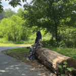 Jessica Dukharan sitting on a tree at a park